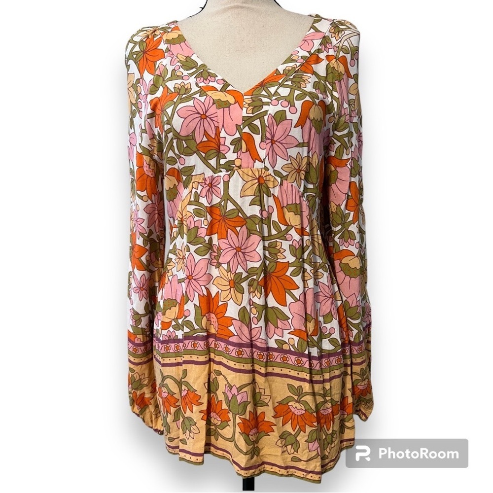 Mittoshop medium women's white floral v neck top with zipper back elastic sleeve